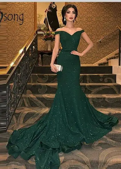 Элегантные изумрудная зеленая Русалка Вечерние платья с пайетками оборками длинное платье для выпускного исламское платье De Soiree - Цвет: Зеленый