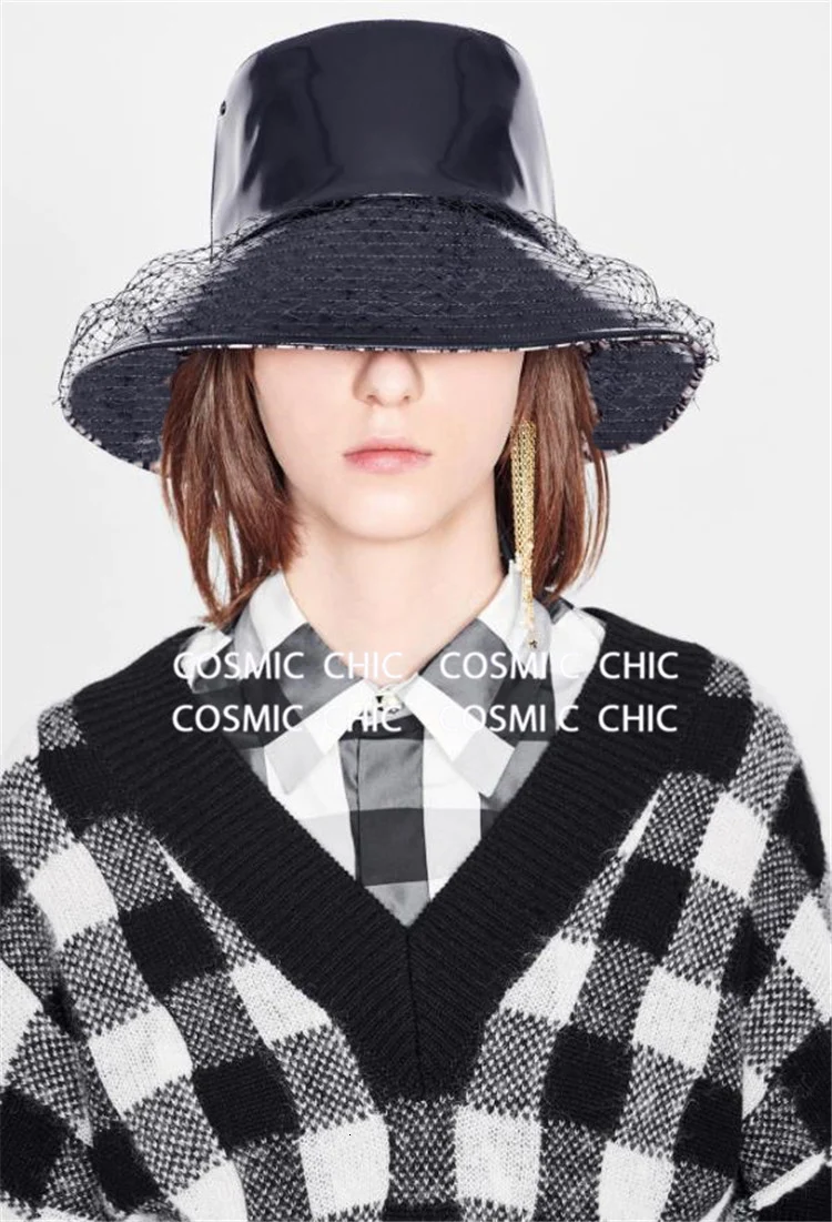 Cosmicchic, осенне-зимняя женская черная кожаная Панама, шапка в рыбацком стиле с надписью внутри, подиумная дизайнерская сетчатая Панама, Мужская кепка