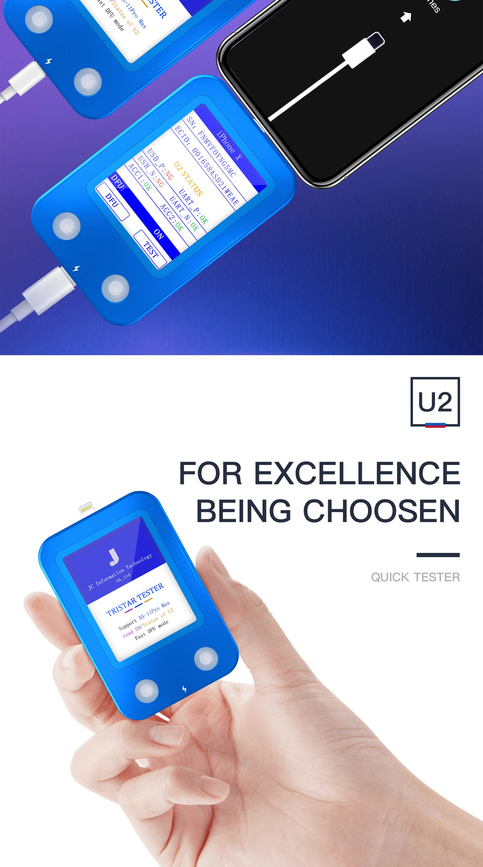 JC U2 Быстрый детектор для iPhone U2 заряд IC дефект Быстрый тестер SN серийный номер детектор считыватель для отключенного ID кода доступа