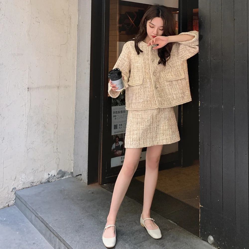 

Photo Shoot Graceful Suit Set 2019 Autumn New Style Retro Weaving Cropped Jacket + A- line Skirt Two-Piece Set
