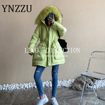

YNZZU 2020 Winter Female Jacket Chic Green Pink with Natural Large Fur Collar Hooded Warm 90% White Duck Down Coat Women A1602