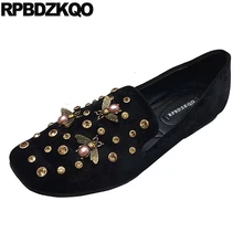 Фитнес Diamond Rhinestone Черный Кристалл Квадратный Toe Bee Дамы Красивые Квартиры Обувь Китайские Мокасины Весна Осень Замша Женщины