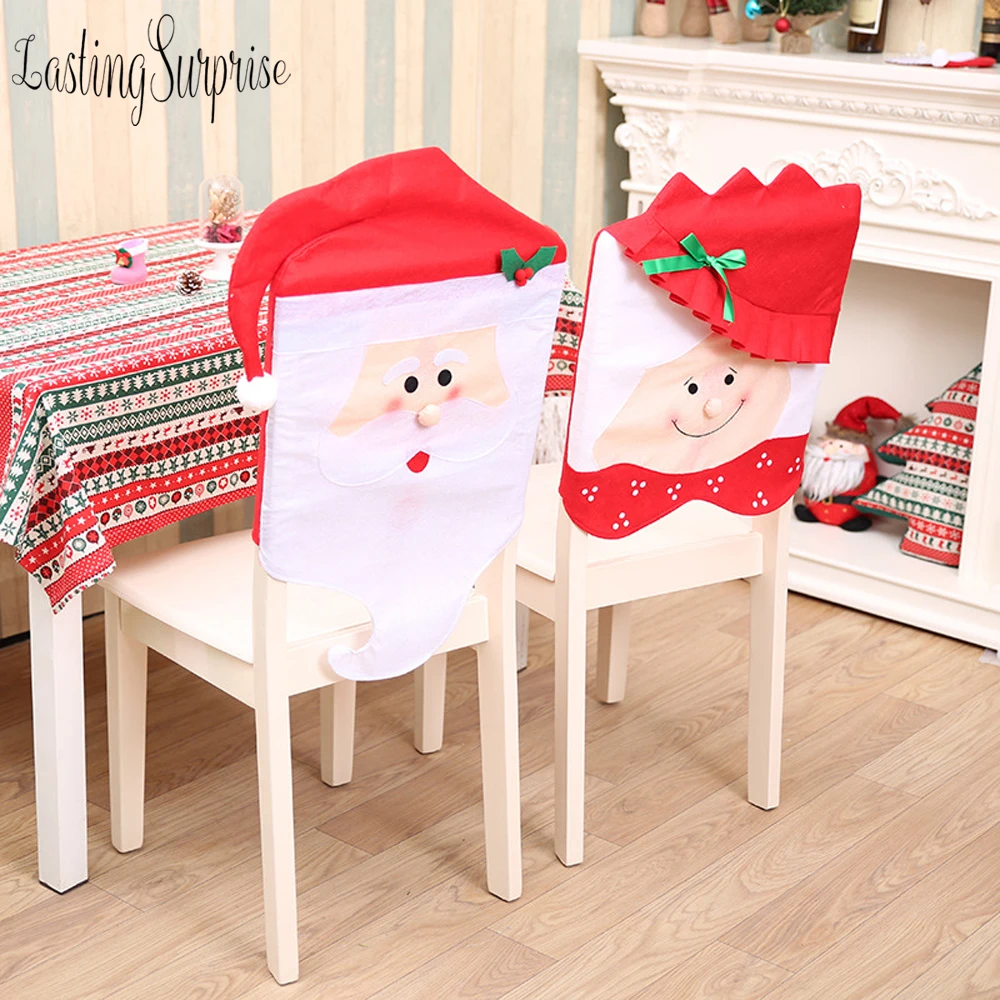 

Santa Red Hat Chair Covers Christmas Decorations Dinner Chair Xmas Cap Chair Backrest Decor Coating New Year Home Decoration