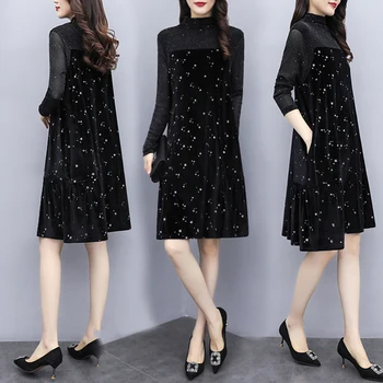 

Plus Size 4xl Gold Velvet Stitching Dress For Women Vestido De Festa Fashion Thin The Dress Ukraine Women's Dresses Vestidos