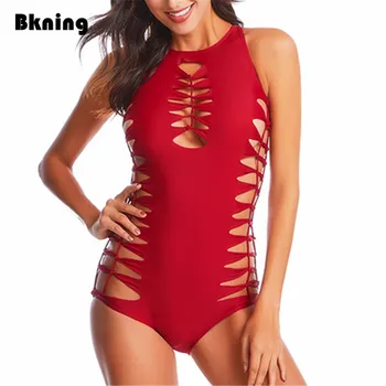 

Bkning Sexy Hollow Out Swimsuit One Piece Cut Out Swimwear Women Red High Neck Swim Suit Black Trikini 2020 Large Size XL XXL