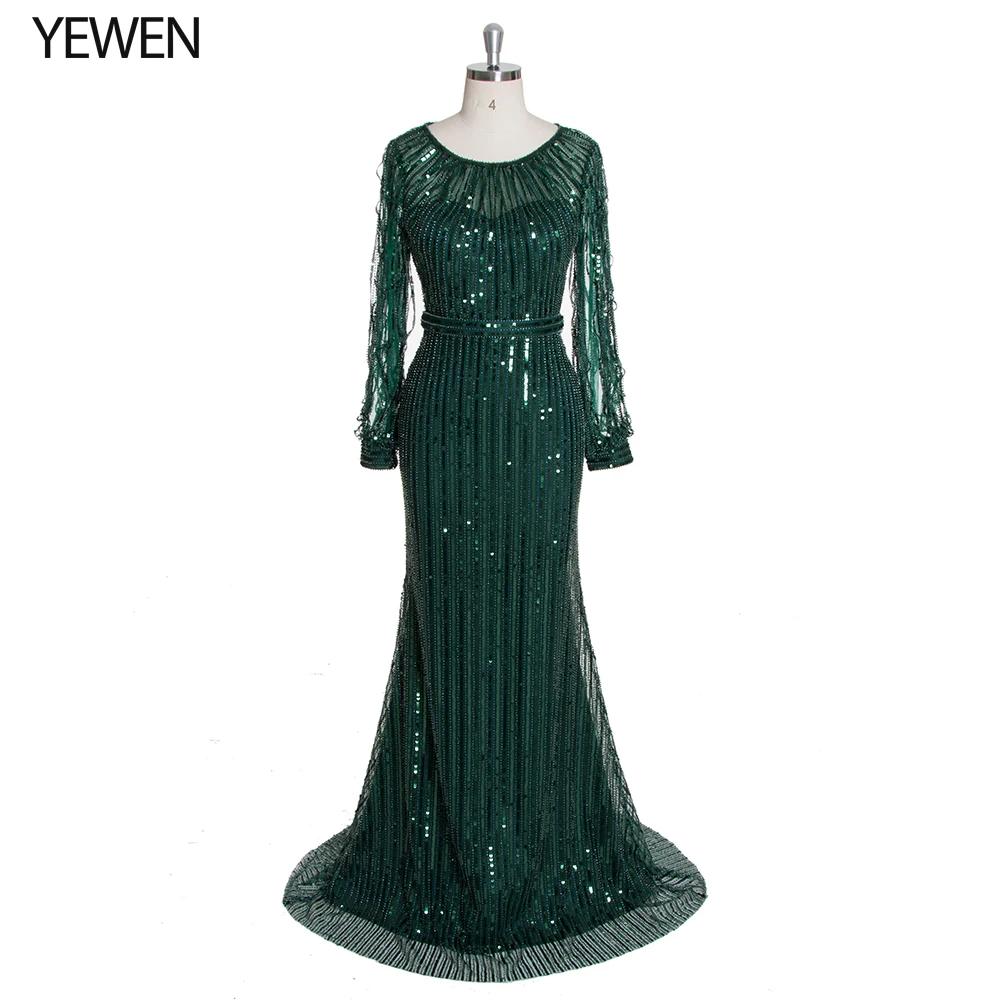 Роскошное темно-зеленое вечернее платье с блестками, элегантное вечернее платье с длинными рукавами YW19116