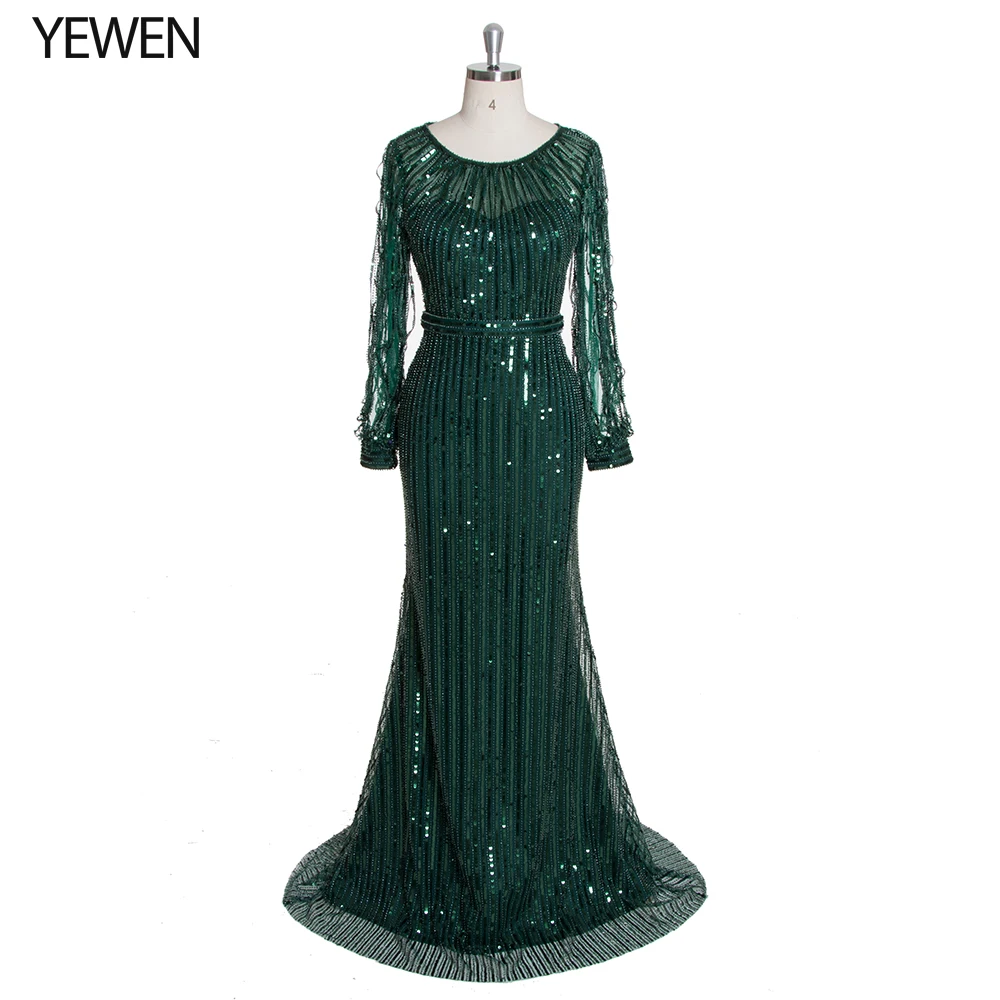 

Luxury 2020 Deep Green Sequined Evening dress long sleeves elegant robe de soiree formal gown prom dresses YeWen YW19116
