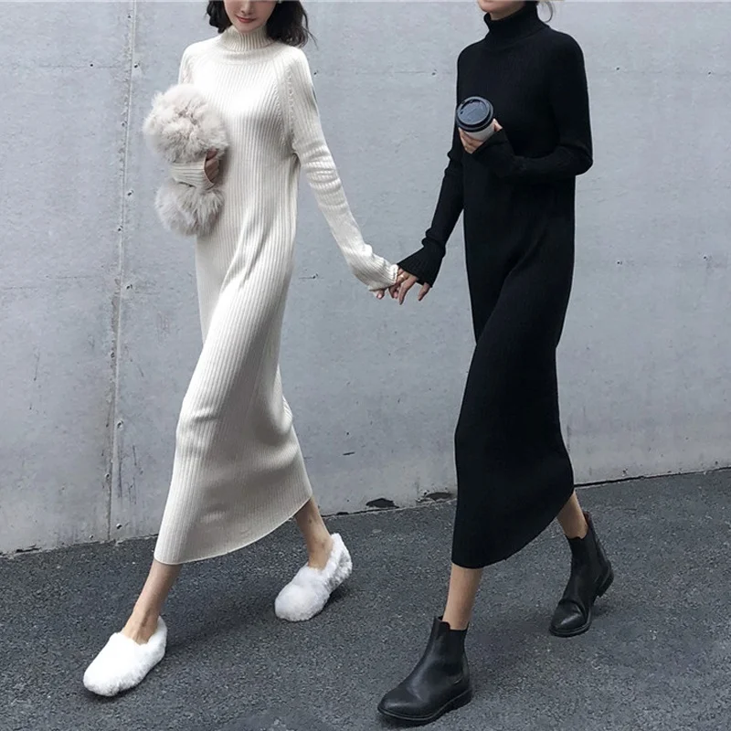 Harajuku женское платье свитер водолазка толстые длинные вязаные свободные вечерние