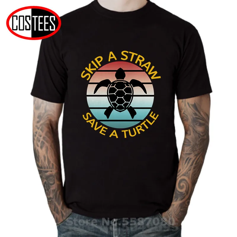 Vintage Skip A Straw Save Turtle T shirt men Funny Sea T-shirt man Stop the Pollution Protect Environment Tee | Мужская одежда