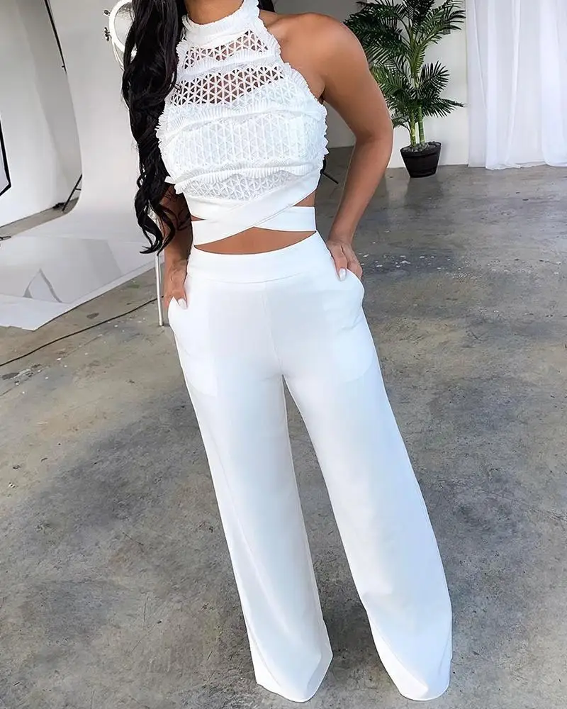 White Halter Wrap Top And Palazzo Satin Pants Set