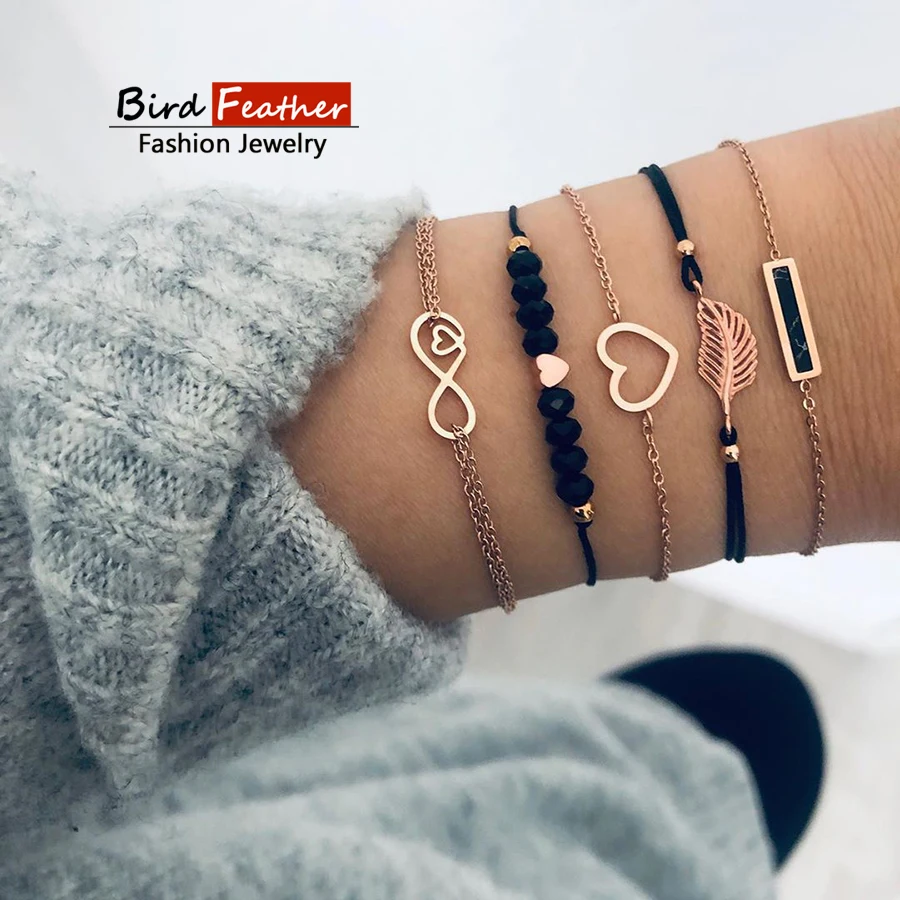 

Gold color Bohemian Handmade Alloy heart black beads Bracelet Sets Women 2019 New Rope Chain Bracelets Retro Jewelry Accessories