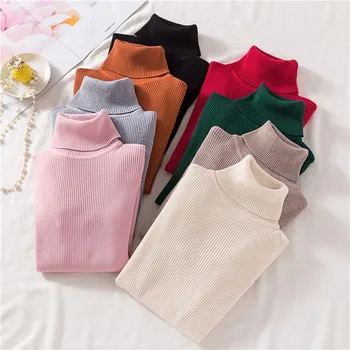 

2019 new winter pullovers long sleeve turtleneck women thin render solid color slim casual sweater TB1909