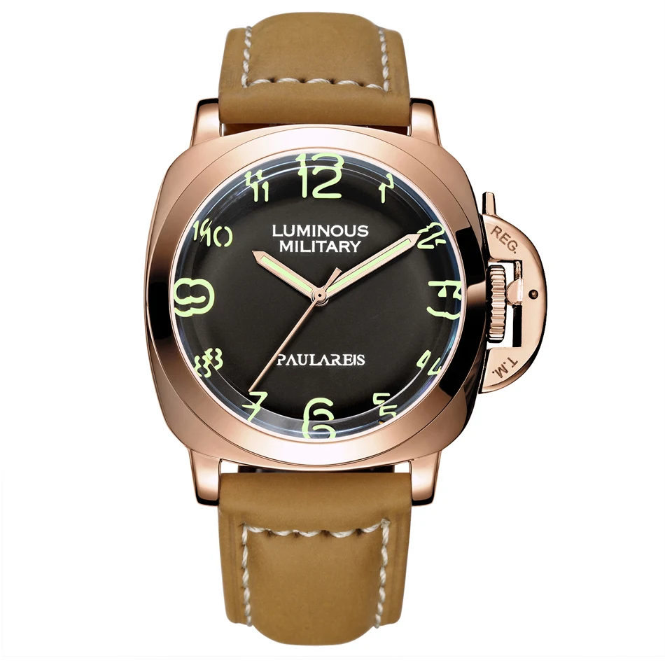 Gold Green Men Automatic Self Wind Mechanical Genuine Brown Leather Strap Yellow Green Military Luminous 44mm Luxury Rose Gold Watch - Цвет: Gold Green