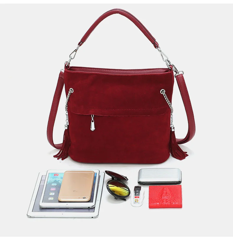 Faux Suede Handbag Luxury Brand Shoulder Bags for Women 2019 Tassel Bucket PU Leather Crossbody Bag Vintage Hobo Messenger Purse (13)