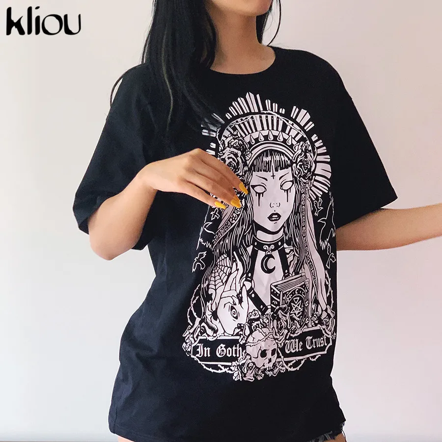 Kliou хлопковая Футболка Hipster Для женщин печати короткий рукав o-образным вырезом, модная майка с Повседневное летние женские удлинить свободная футболка, топы