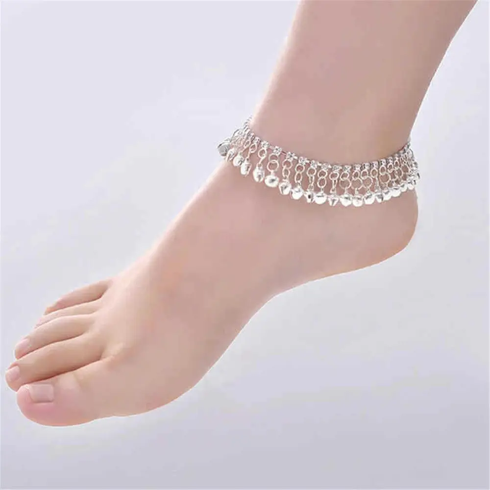 Silver Anklet Bracelet Ankle Chains Cubic Zirconia Anklet Beads Anklet Retro Ethnic Style Beach Anklet Leisure Street Shooting Foot Chain Personality Bell Tassel Anklet Women Jewelry Gift