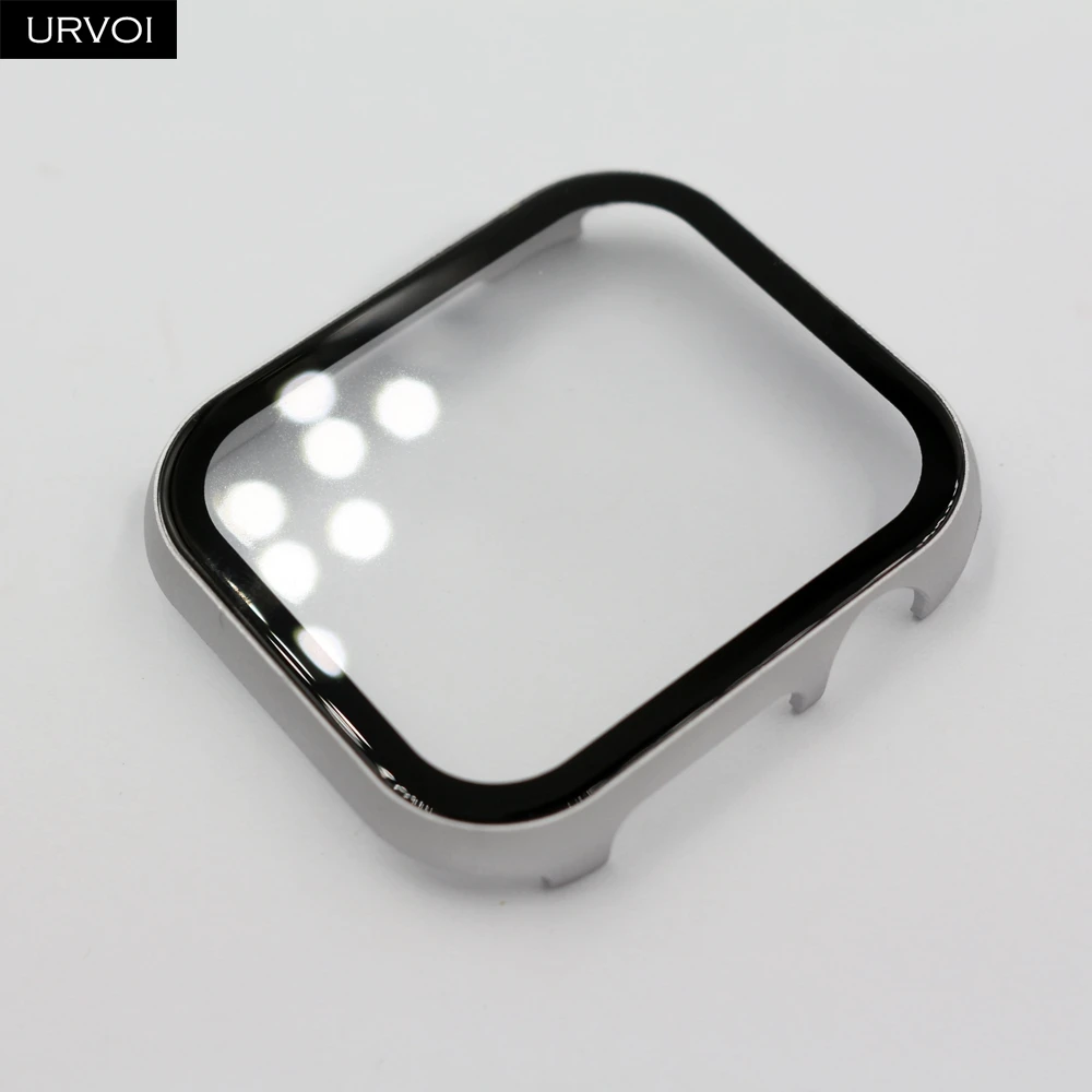 Silver URVOI Полный Чехол для Apple Watch series 4 5 3 2 1 металлическая рамка Защита экрана для iWatch крышка с закаленным стеклом 40 44 мм - Цвет: Silver