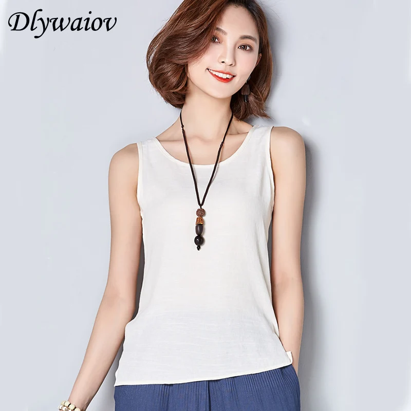 

2019 Summer New Women Tops Flax Cotton Sleeveless Female Vest Breathable Fabric Side Slit O collar Loose Ladies Camisole Top