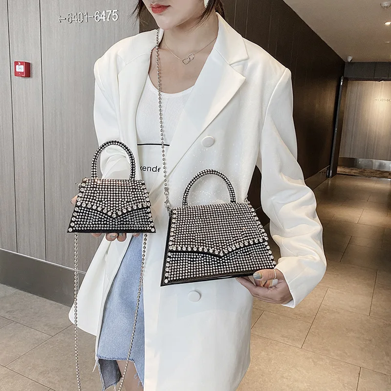 WADORN Kit di Manici in Catena di Metallo per Borsa A Secchiello, Pochette da Sera con Strass Borsa da Donna con Manico Superiore Bling Glitter Borsa con Coulisse in Metallo con Nappa