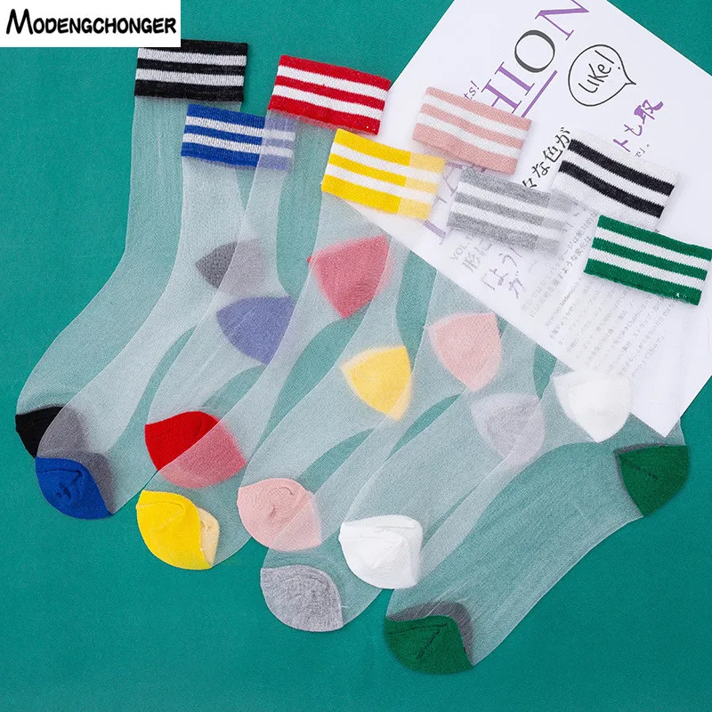 

1 Pair Summer Fashion Thin Section ladies Socks College Solid Color Two Bars Breathable Female Cute Glass Crystal Socks Hot Sale