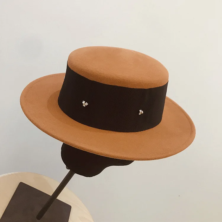 01909-yuan Зимняя шерстяная Женская Шляпа Fedora на плоской подошве с бантом женская шляпа для отдыха Панама