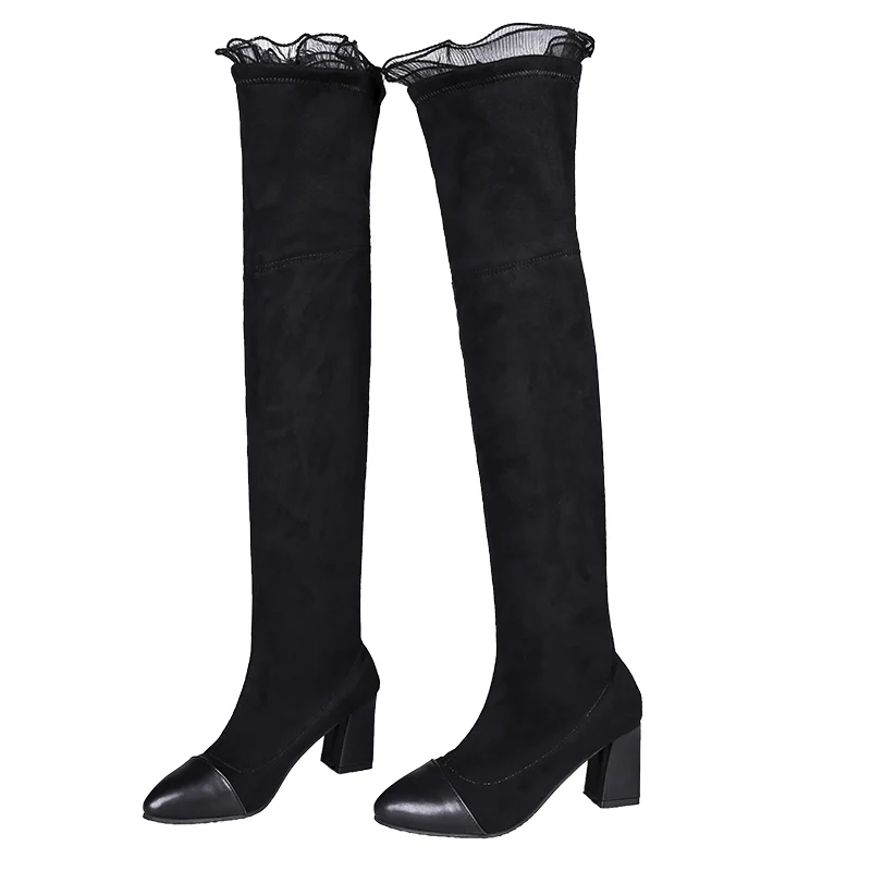 Thigh-high Ruffles Patch-work Over Knee Boots For Women 2020 Autumn/Winter New Women's Shoe Chunky Heel Stretch Boot