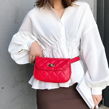 

New Women Waist Bag Leather Fanny Pack Fashion Red Waist pack Brand Lattice Female Belt Bag Adjustable Chest Bag Purse YB063
