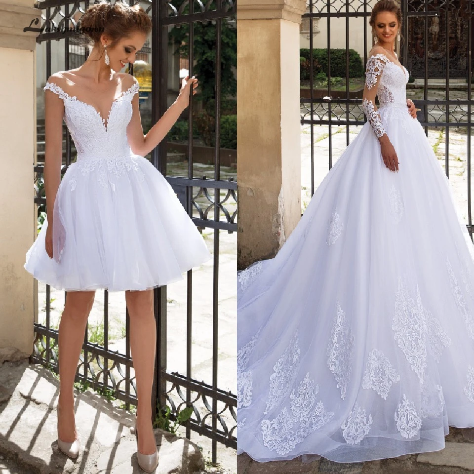 

Lakshmigown Luxury A Line Wedding Dress 2 in 1 with Sleeves Lace Bridal Gown Vestido de Noiva Sexy Princess Tulle Wedding Gowns