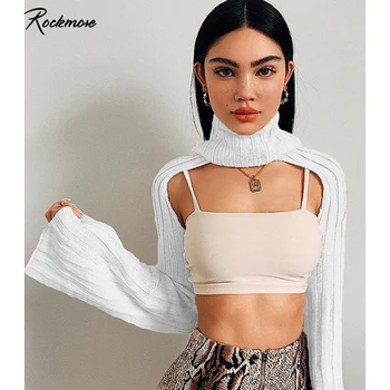 

Rockmore White Turtleneck Women Outwear Coats Loose Long Sleeve Korean Harajuku Ribbed Cropped Tops Femme Plus Size Coats Autumn