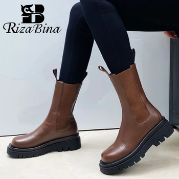 

RIZABINA Real Leather Short Boots Women Fashion Platform Warm High Heel Winter Shoes Woman Casual Daily Boot Footwear Size 34-39