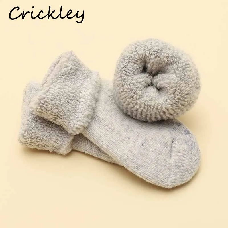 Детские зимние Утепленные шерстяные носки-тапочки для мальчиков и девочек 3-7 лет, однотонные кашемировые теплые Нескользящие зимние носки