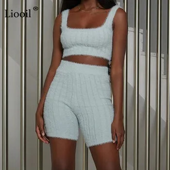 

Liooil Plush Two Piece Tight Set Tank Tops And Shorts 2020 Sleeveless High Waist Sexy Club Outfits Women 2pcs Matching Suit Sets