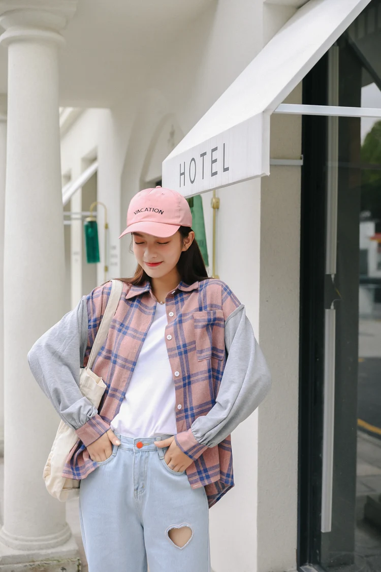 Женские летние рубашки Kawaii Ulzzang, милая Свободная рубашка в клетку, Женская милая Туника Harajuku, милый Топ для женщин