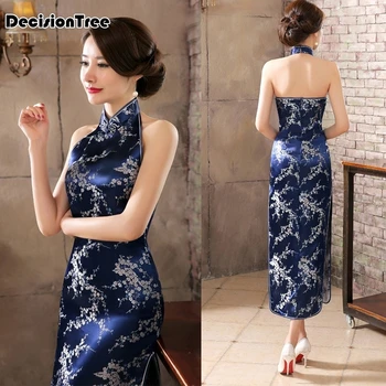 

2020 Chinese Dress Sexy Navyblue Chinese Style Women Evening Party Dress Sexy Backless Cheongsam Long Cheongsam Qipao