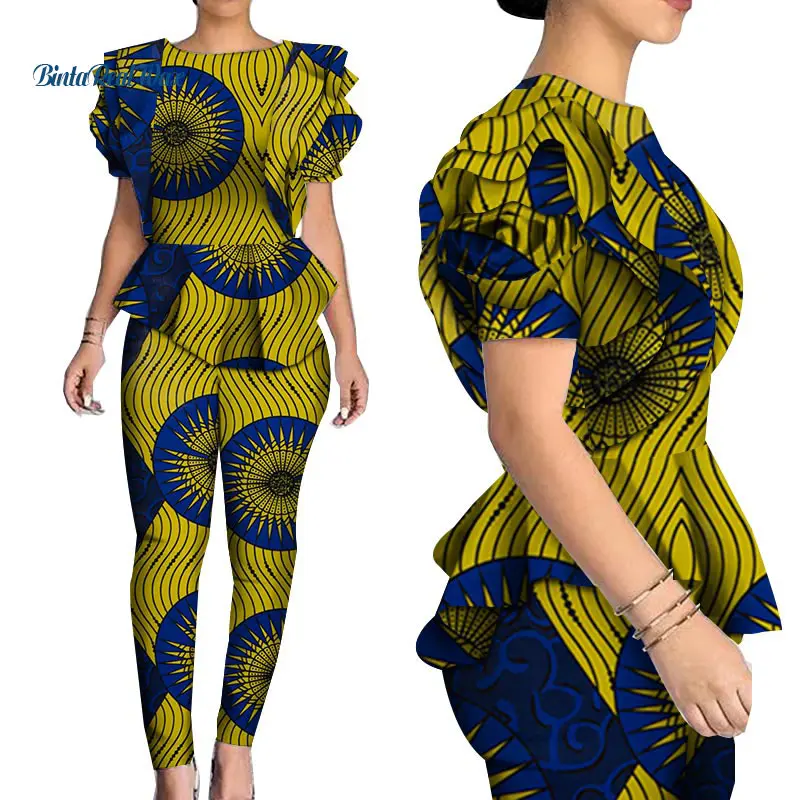 Осенний комплект из топа и штанов в африканском стиле Bazin Riche, хлопковые рубашки с оборками, 2 предмета, африканская одежда для женщин, WY5007