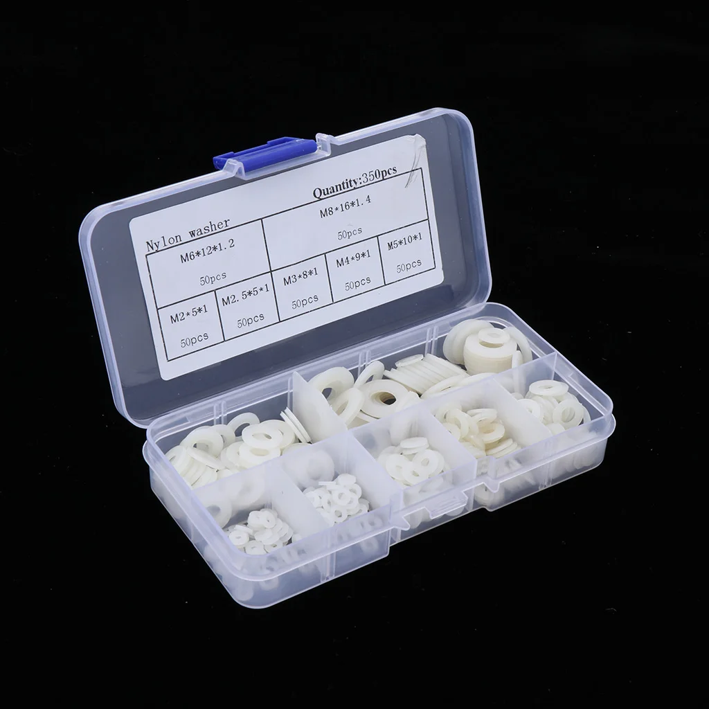 350Pcs Black & White Nylon Flat Spacer Assortment Shim Set Plain Washer O-Ring Gasket Kit M2 M2.5 M3 M4 M5 M6 M8