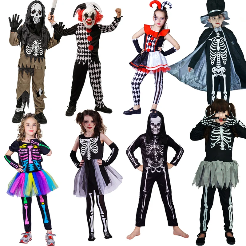 

DSPLAY Boy&Girl Skeleton Skull Costume Role Play Kids Halloween Costume Disguise Children Evil Clown Clothes Cosplay Carnival