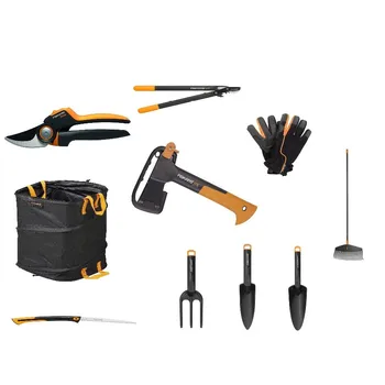 

Fiskars-Lot 1: garden tools-mower, hatchet, saw, rake, bag for garden, Set gardening and gloves