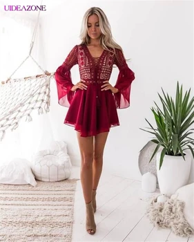 

Solid Lace Patchwork Hollow out Mini Dress Flare Sleeve Chiffon Beach Dress Elegant Pure Color Runway Dress High Waist A-line