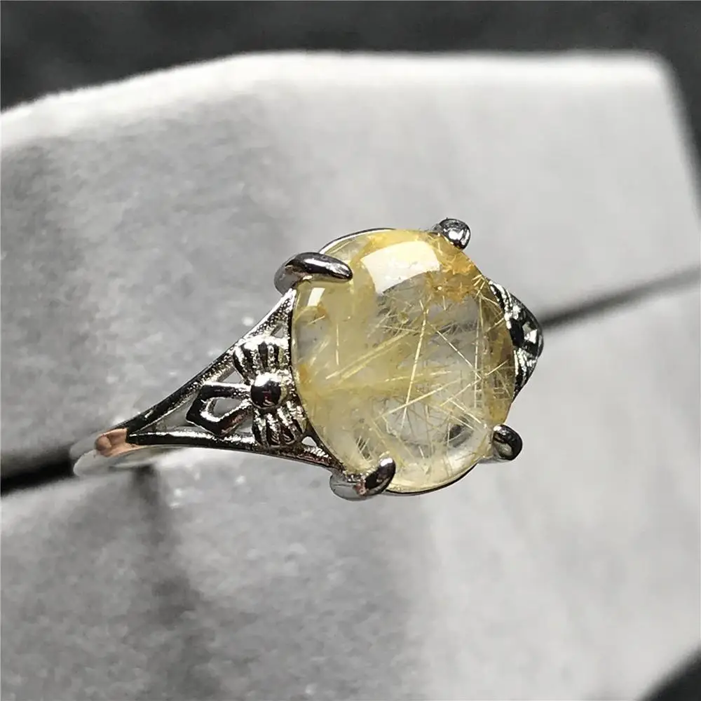 

10x9mm Natural Gold Rutilated Ring For Woman Lady Man Crystal Round Beads Silver Stone Quartz Adjustable Size Ring Jewelry AAAAA