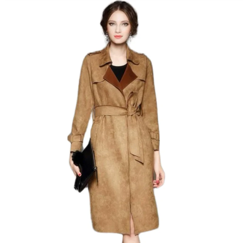 

Autumn Winter Woman Clothes 2019 Casual Trench Coat Suede Leather Adjustable Waist Long Coat casaco feminino