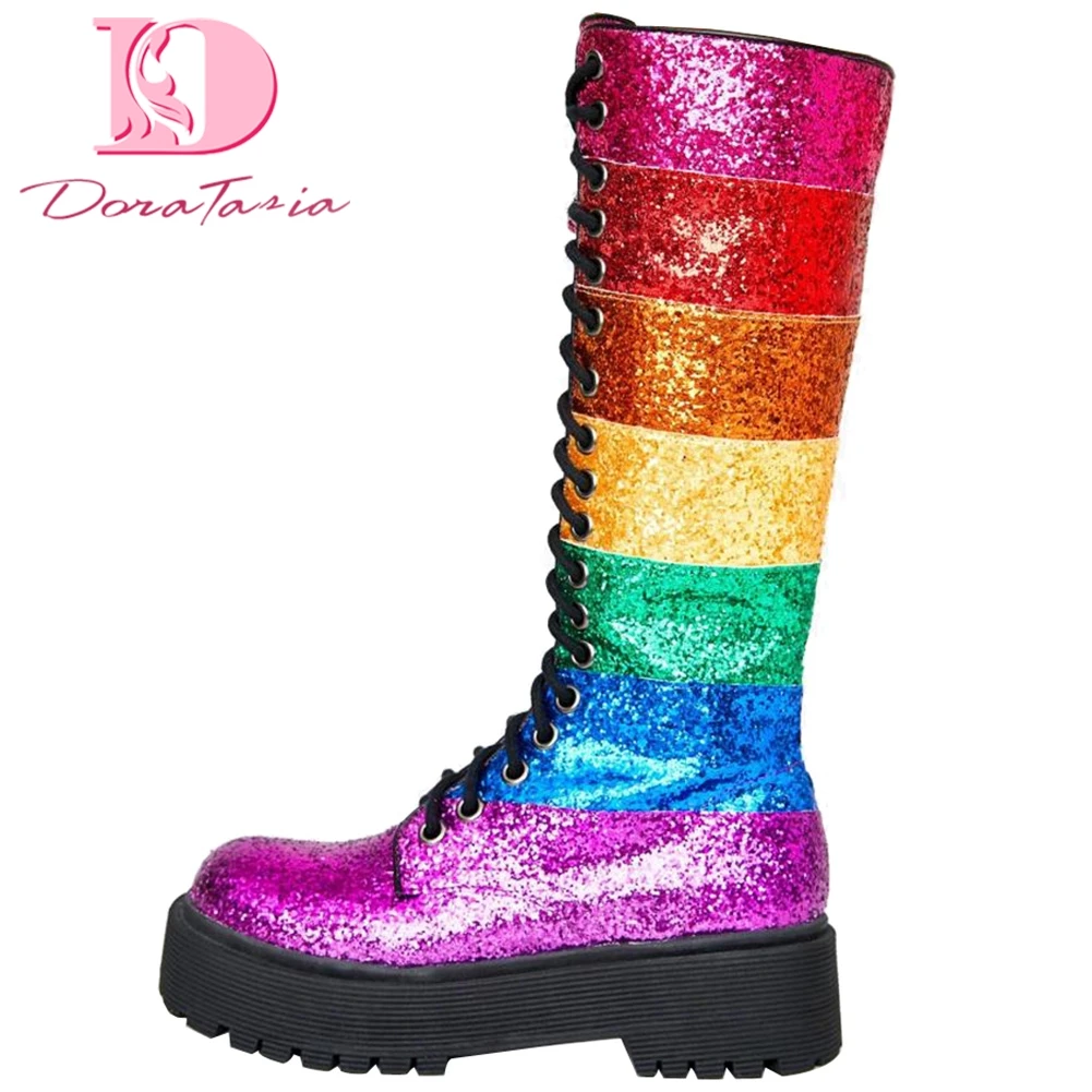 

Doratasia High Quality 2020 hot sale Chunky Heels Large Size 42 Mid Calf Boots Woman Shoes Mix Color Zip Up Shoes Women Boots