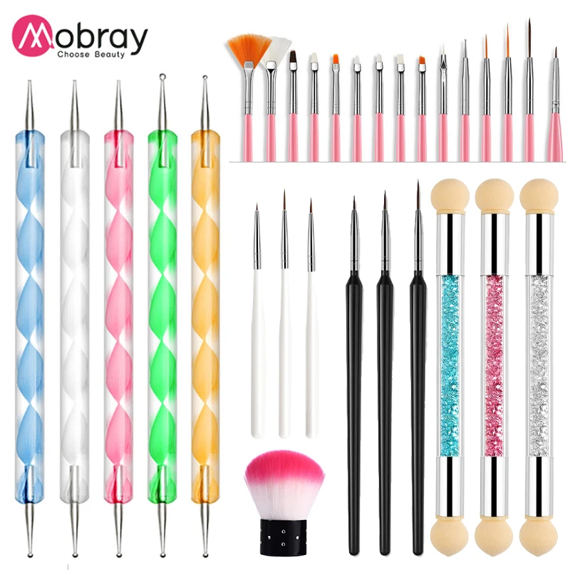 Mobray Acrylic Nail Art UV Gel Brush Design Tip Painting Drawing Carving Dotting Pen FlatFan Liner Acrylic Painting Tool
