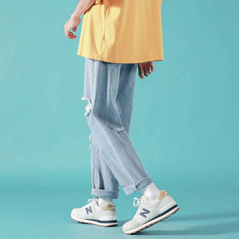 ICCLEK Fall Hiphop Jeans Hip Hop Ripped Jeans Men's Straight Pants Distressed Jeans  Patchwork Jeans  Men Clothing