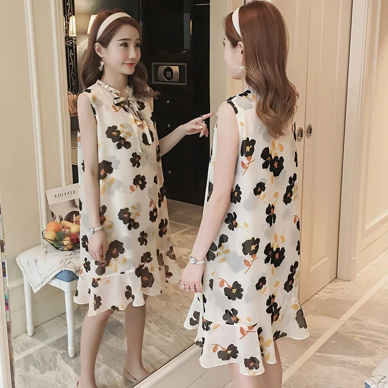 

Maternity Clothes Photo Shoot Chiffon Fresh Printing Sleeveless Flounced Dress