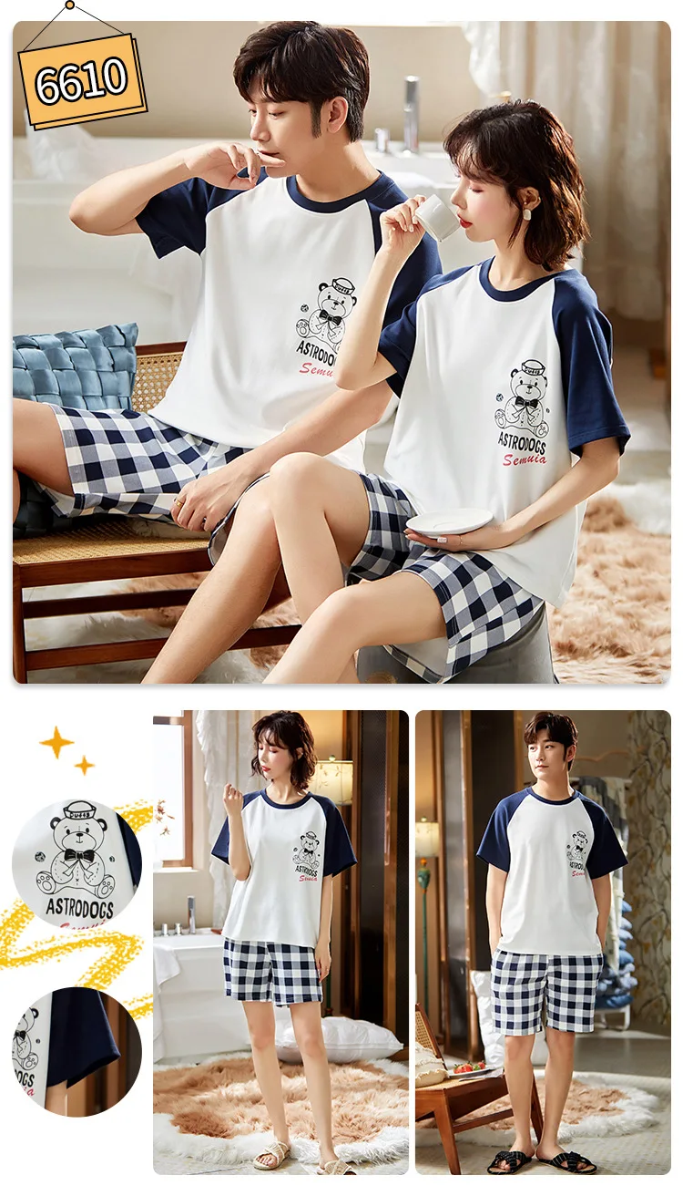 Summer Cotton Pajamas Sets Fashion Blue Short Sleeve Couple Sleepwear Leisure Plus Size Men's Homewear Korean Cute Women Pajamas ladies pyjamas sets