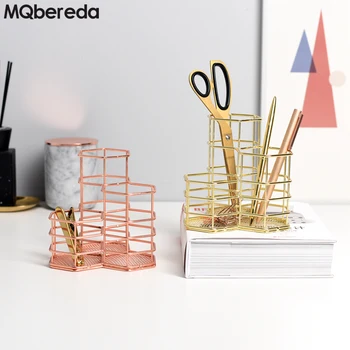

Creative Nordic Gold Iron Hexagonal Pen Holder Desktop Debris Metal Storage Container Cosmetics Storage Metal Basket Grid Shelf