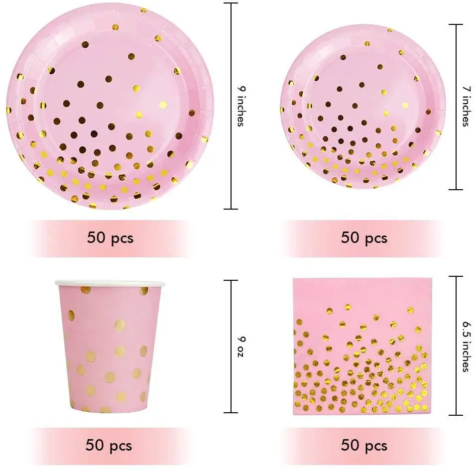 250 шт одноразовые столовые приборы в Золотой горошек розового и черного цвета, свадебные стаканчики для детского душа, соломинки, салфетки, тарелки для дня рождения, декор для девочек