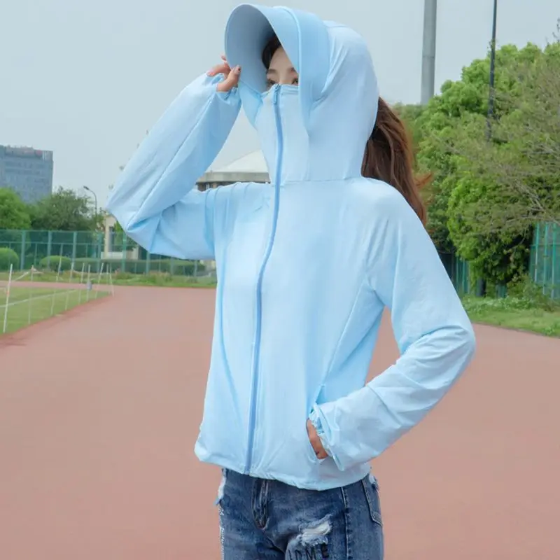 

Women Summer Ice Silk Outdoor UPF50+ Sunscreen Top Long Sleeve Hooded UV Protection Jacket Ultra-Thin Full Zip Sport Coat