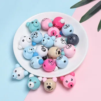 

5pcs/lot Natural Wooden Cartoon 3D Bear Smooth Beads Cute Smiling Face Wood Beads DIY Infant Pacifier Clip Chain Beads Tools